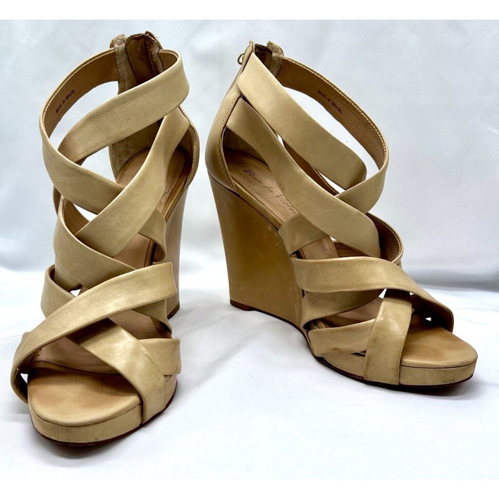 POUR LA VICTOIRE Tarissa Leather Strappy Wedge Sandals-Tan Beige Cream-W…